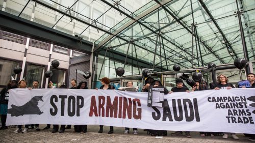 Human rights campaigners protest arms sales to Saudi Arabia outside the Defence and Security Organisation (DSO), the Government department responsible for arms export promotions in the UK.