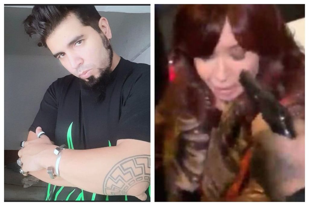 Fernando Sabag Montiel (left) and the moment he points the gun in Cristina Fernández's face (right).