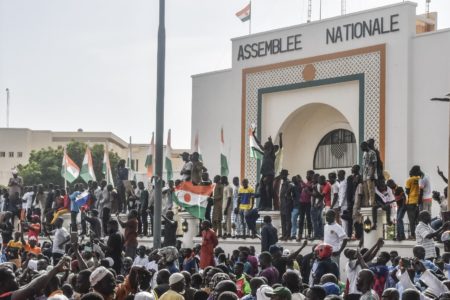 Rally in Niamey on August 6 in support of Niger's coup leaders and against foreign intervention.