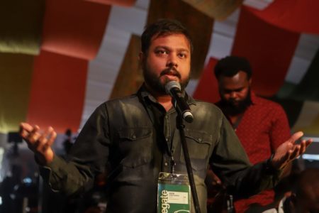 Arun Hemachandra from Sri Lanka spoke about the challenges facing the working class in Sri Lanka during the panel "Organization of the Working Class". Photo: Rafael Stedile