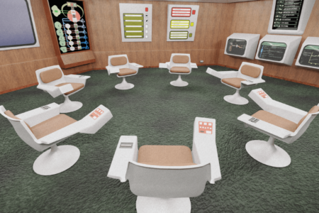 A 3D render of the Cybersyn Operations Room (or Opsroom), a physical location where economic information was to be received, stored, and made available for speedy decision-making. Photo: By Rama, CC BY-SA 3.0 fr, https://commons.wikimedia.org/w/index.php?curid=113829425