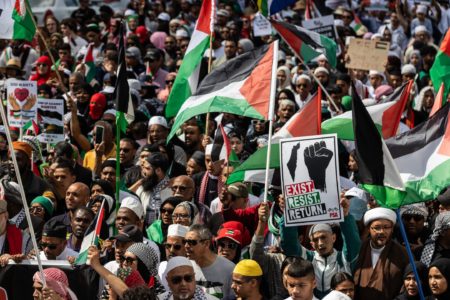 Thousands participated in a march against ongoing Israeli bombardment of Gaza, at Cape Town on October 14, 2023