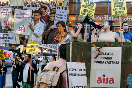 Protests in New Delhi and New York City decrying the raid and detention of journalists in India.