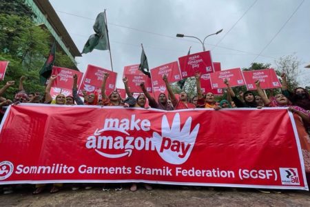 Garment workers in Bangladesh stage a protest as part of the global Make Amazon Pay campaign. Photo: Photo: @NazmaAkter73/X