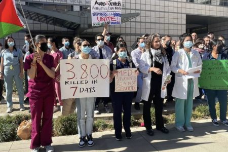 UCLA Med School November 9, 2023. Healthcare workers and medical students across the US have rallied to demand an end to Israel's genocidal bombing of Gaza and have especially condemned the attacks on health infrastructure and workers. Photo: ANSWER Coalition