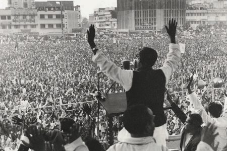 The leader of Bangladesh's liberation war and later PM Sheikh Mujib addressing a huge rally in Dhaka's Paltan Maidan in 1970. He was assassinated along with his family in a coup. Photo: Wikimedia