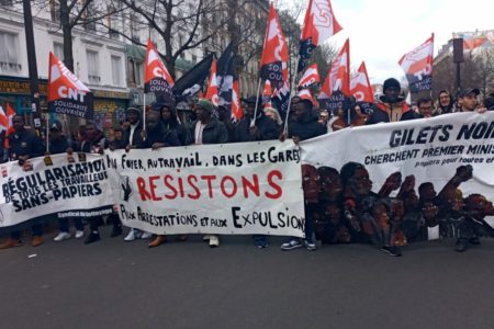 Migrant workers protest against repressive immigration law reforms in early 2023 (Photo: Confédération nationale du travail – CNT-SO/X)