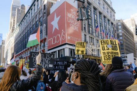 Protesters rallied in a key retail district in New York City to disrupt Black Friday shopping. Photo: Wyatt Souers
