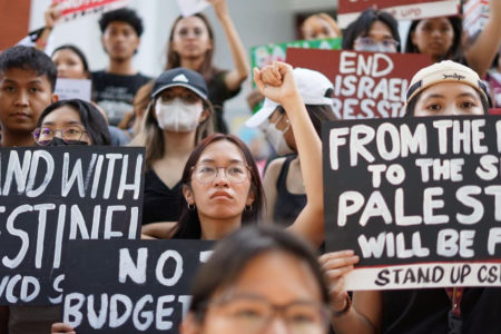 Students at the University of the Philippines Diliman stages an action in solidarity with Palestine (Photo: UP Diliman University Student Council)