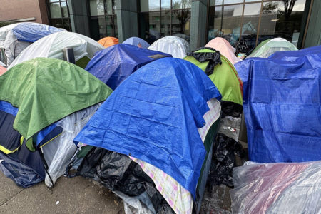 Migrants stay in camping tents in Chicago in October 2023. Photo: Candice Choo-Kang