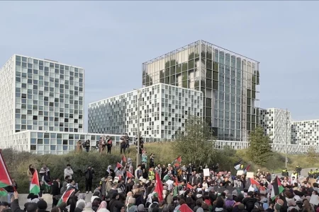 Pro-Palestine demonstrations held outside the International Criminal Court headquarters in the Hague.