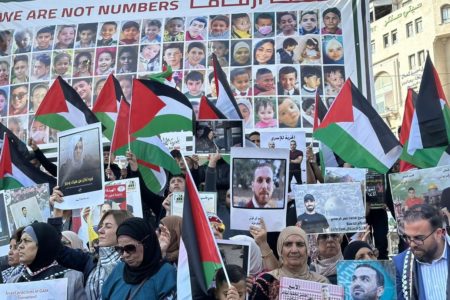 Family members and friends of prisoners rally in the West Bank to call for their release. Photo: Palestinian Prisoner Society