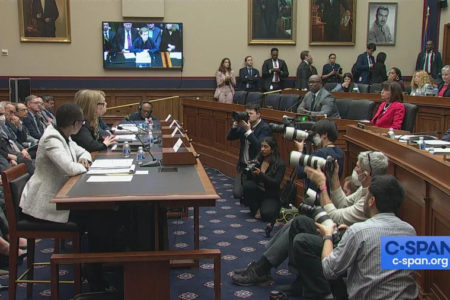 The presidents of Harvard, the University of Pennsylvania, and MIT sit for the December 5 congressional hearing (Photo: C-SPAN)
