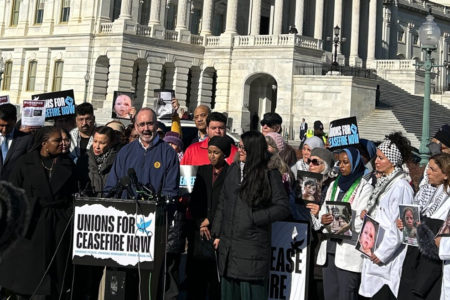 Shawn Fain speaks at the Unions for Ceasefire Now press conference outside of the US Capitol (Photo: Dawn Le)