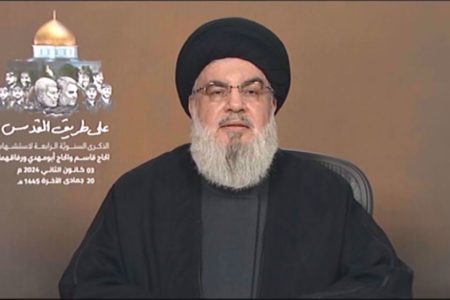 Hezbollah Secretary General Sayyed Hassan Nasrallah delivers a speech on the 4th anniversary of the assassination of General Qaseem Soleimani, on January 3, 2024.