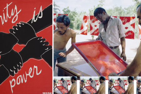 Medu members Tim Williams, Wally Serote, and Sergio-Albio Gonzalez print the poster ‘Unity Is Power’ in Gaborone, Botswana, 1979. Photo: Freedom Park via Tricontinental: Institute for Social Research