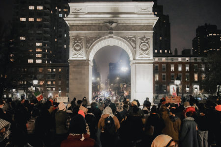 Hundreds gather in Washington Square Park in a Palestine solidarity rally called by the Audre Lorde Project (Photo: Vincent Tsai)
