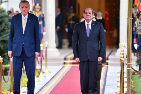 Egyptian President Abdul Fattah el-Sisi and Turkish President Recep Tayyip Erdogan at Cairo on February 14. Photo: Egyptian Presidency
