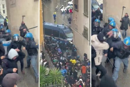 Screenshots from footage of police crackdown on school students demonstrating for Palestine in Pisa. Photo: FGCI