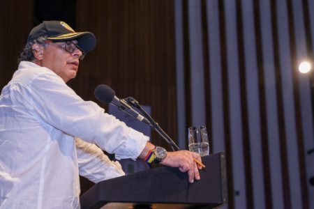 Colombian President Gustavo Petro speaking on February 13 from the Industrial University of Santander in Bucaramanga. Photo: Presidencia Colombia