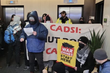 Protesters occupy the CADSI headquarters. Photo: Anti-imperialist Alliance and Labour for Palestine, Ottawa.