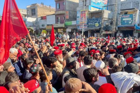 Member of the Awami National Party protest in Charsadda, Khyber Pakhtunkhwa against alleged rigging in the February 8 general elections. Photo: Awami National Party/X