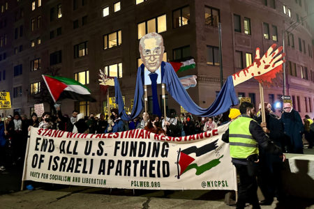 Senator Chuck Schumer, the majority leader in the Senate, has been leading the support for sending more funding to both Ukraine and Israel, policies highly unpopular with some, including protesters show here, holding a puppet of Schumer outside his home New York City