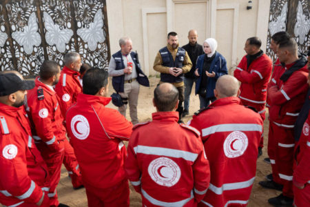 Palestine Red Crescen teams carry out an evacuation from Nasser Hospital after it went out of service (Photo: Palestine Red Crescent Society)