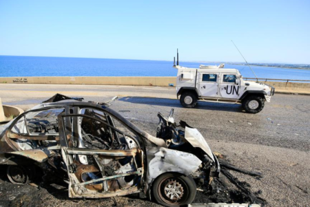 A car destroyed by an Israeli drone in Lebanon. Photo: Ali Hashisho/Xinhua