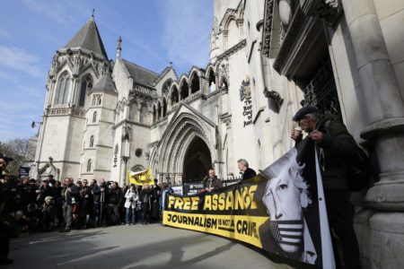 Protesters gathered outside the Royal Courts of Justice in London on Tuesday. Photo: Free Assange UK Campaign/X