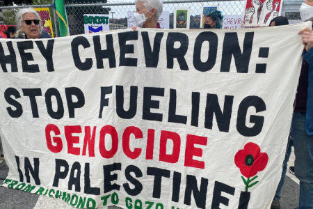 Protest outside Chevron’s Richmond Refinery in California, US (Photo: @AROCBayArea/X)