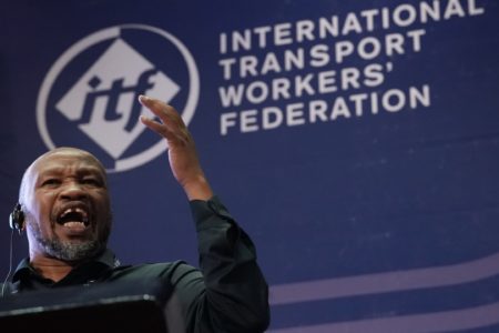 General Secretary of NUMSA, Irvin Jim, presented the motion to express solidarity with the Palestinian people. Photo: IFT Global Union