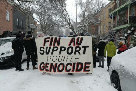 Montrealers are rallying outside Foreign Affairs Minister Melanie Joly’s home, calling for an end to Canada’s military and diplomatic support for Israeli genocide. Photo: IJV