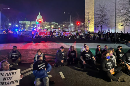 Demonstrators outside of the Capitol blocked Biden's motorcade, causing a delay in his State of the Union speech (Photo: NYC-DSA)