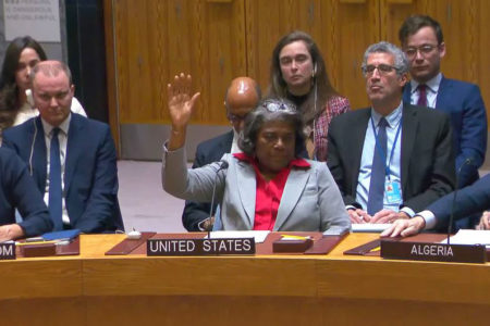Permanent Representative of the United States to the UN Linda Thomas-Greenfield casts her abstention to the UNSC ceasefire resolution (Photo via UN)