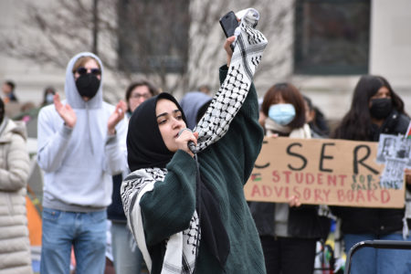 Students make speeches at the Gaza Solidarity Encampment at Columbia University (Photo: Sofia Dadap)