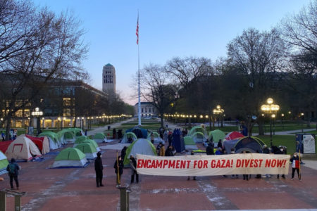 Students set up an encampment at the University of Michigan in solidarity with Gaza (Photo via Jewish Voice for Peace UMich)