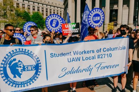 Student workers of Columbia organized in UAW 2710 participate in May Day rally. Photo: Wyatt Souers