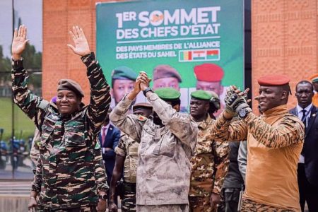 Heads of state of Burkina Faso, Niger and Mali at the First Summit of Alliance of Sahel States.