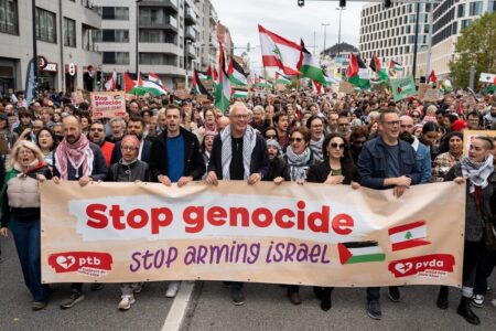 Workers' Party of Belgium during national demonstration, October 20, Brussels. Source: PTB-PVDA/Facebook
