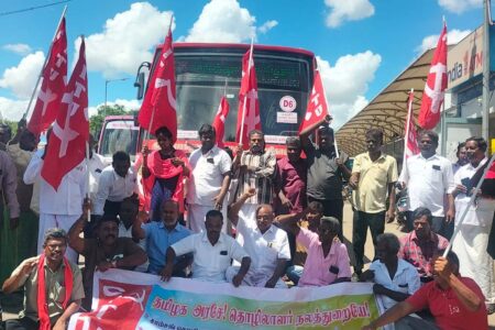 Across Tamil Nadu, workers and cadre of CITU and CPI (M) staged road blockades in support of the Samsung workers' strike and the demand for recognition of their union. Photo: CPI(M) TN