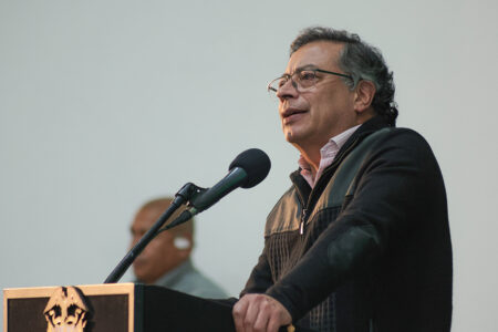 Gustavo Petro speaking at an event of victims of state crimes in Antioquia on October 8. Photo: Joel González / Presidencia Colombia