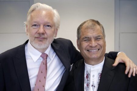 Julian Assange with Rafael Correa on October 2, 2024 at the Council of Europe. Photo: Rafael Correa / X