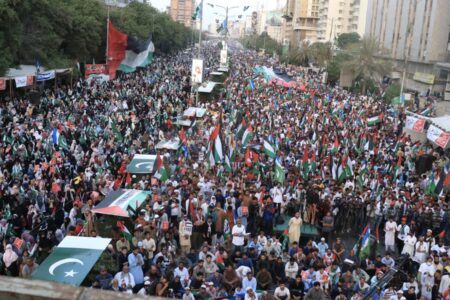 Million march in Karachi to mark one year since the beginning of Israel's genocide in Gaza. Photo via Naeem ur Rehman / X