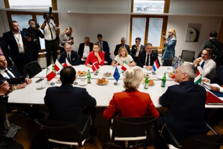 Giorgia Meloni with other EU leaders during a meeting on migration. Source: Giorgia Meloni/X