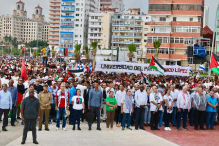Cuba government officials, including President Miguel Díaz-Canel, march for Palestine (Photo via Luis De Jesús)