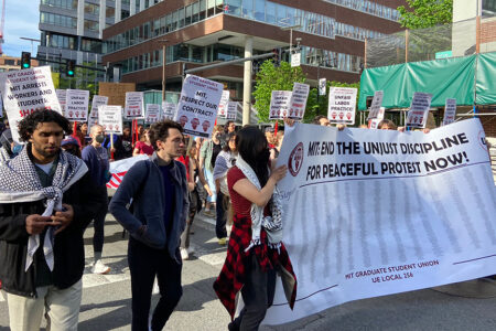 MIT Graduate Student Union members march in solidarity with pro-Palestine students facing disciplinary measures (Photo: MIT GSU)