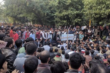 Protests at Jamia Millia Islamia against the CAA and NRC in December 2019, around the time of the repressive attack on the university. Photo: Wikimedia commons