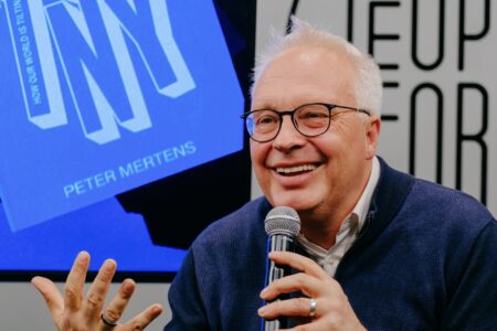 Peter Mertens speaking at the book launch of Mutiny at the People's Forum in New York City. Photo: Wyatt Souers