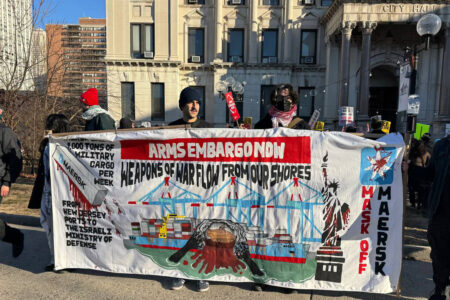 Hundreds march in Jersey City against Maersk's shipments to Israel through the state of New Jersey (Photo: Palestinian Youth Movement)